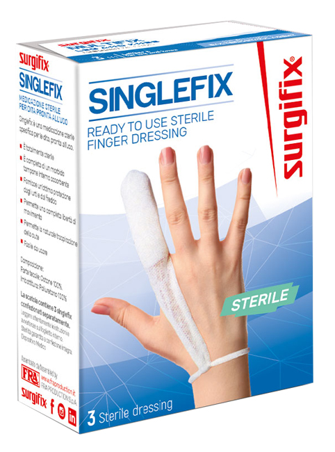 MEDICAZIONE STERILE PER DITO SINGLEFIX, COSTITUITA DA UNA GUAINA IN COTONE E DA UN'IMBOTTITURA INTERNA ASSORBENTE. SI APPLICA DIRETTAMENTE SULLA FERITA E SI FISSA AL POLSO - Luckyfarma.it