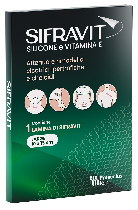 PLACCA IN SILICONE E VITAMINA E SIFRAVIT DIMENSIONI 15X10CM. INDICATA NEL TRATTAMENTO DI CHELOIDI E CICATRICI IPERTROFICHE CONSEGUENTI AD INTERVENTI C HIRURGICI, USTIONI, E FERITE - Luckyfarma.it