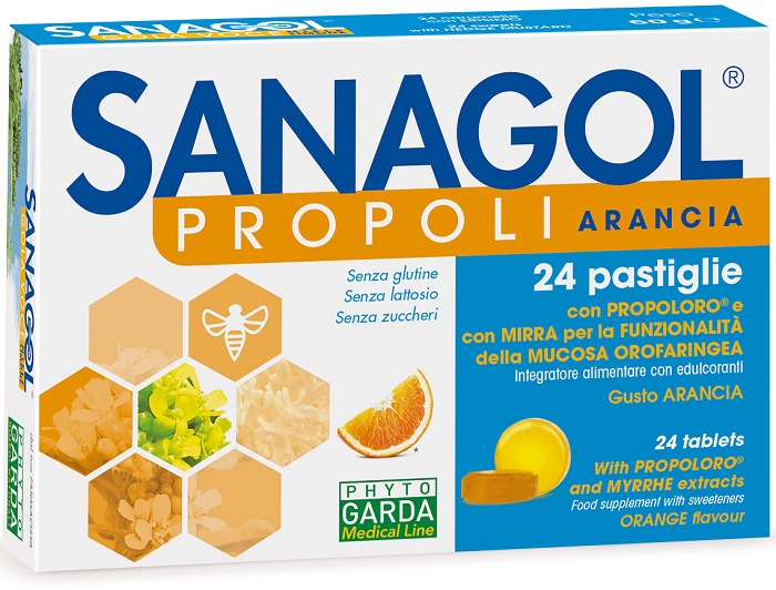 SANAGOL PROPOLI SENZA ZUCCHERO ARANCIA 24 CARAMELLE - Luckyfarma.it