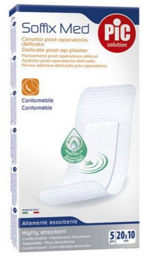 CEROTTO PIC SOFFIX MED IN TNT CON TAMPONE CENTRALE ASSORBENTE STERILE MONOUSO 10X20 CM ANTIBATTERICO 5 PEZZI - Luckyfarma.it