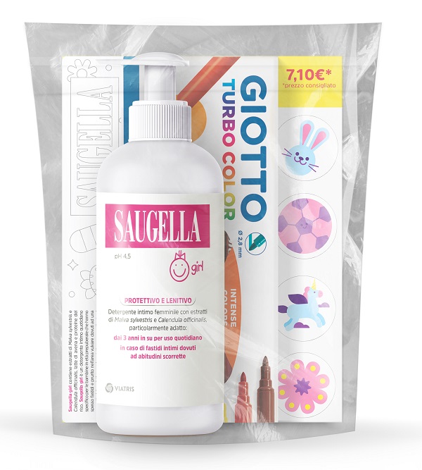 SAUGELLA BUNDLE GIRL DETERGENTE INTIMO PROTETTIVO E LENITIVO PH 4,5 200 ML + GIOTTO TURBO COLOR - Luckyfarma.it