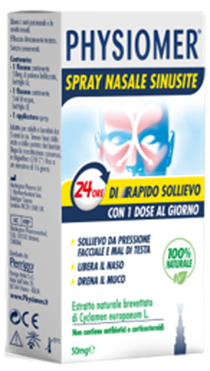 PHYSIOMER SPRAY NASALE SINUSITE 2 PEZZI 1 FLACONE DA 50 MG DI ESTRATTO DI CICLAMINO NATURALE LIOFILIZZATO + 1 FIALE DA 5 ML DI SOLVENTE - Luckyfarma.it