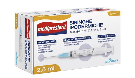 SIRINGA IPODERMICA MEDIPRESTERIL AGO 23 GAUGE 1 1/4 0,6X30MM 2,5 ML 10 PEZZI - Luckyfarma.it