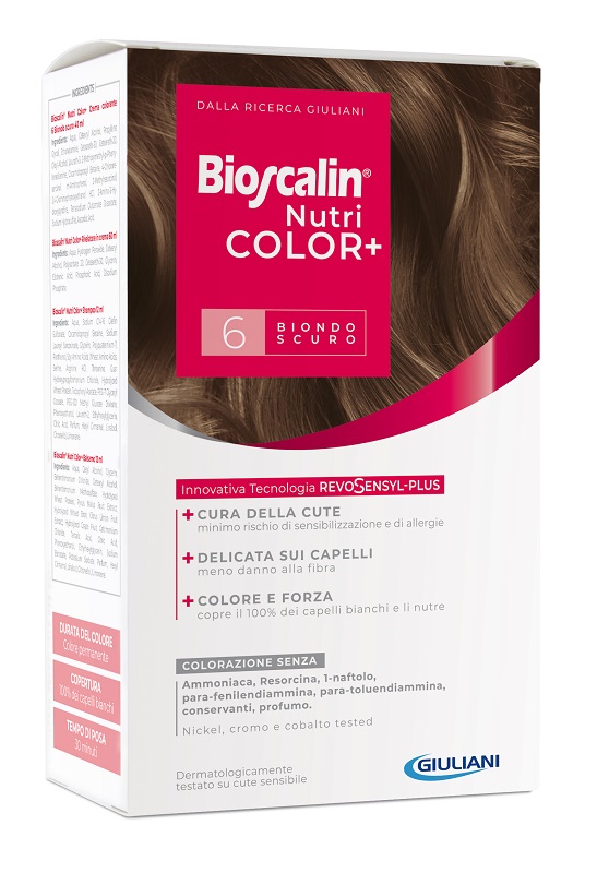 BIOSCALIN NUTRICOLOR PLUS 6 BIONDO SCURO CREMA COLORANTE 40 ML + RIVELATORE CREMA 60 ML + SHAMPOO 12 ML + TRATTAMENTO FINALE BALSAMO 12 ML - Luckyfarma.it
