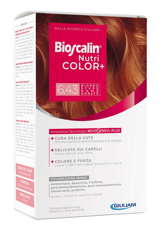 BIOSCALIN NUTRICOLOR PLUS 6,43 BIONDO SCURO RAME DORATO CREMA COLORANTE 40 ML + RIVELATORE CREMA 60 ML + SHAMPOO 12 ML + TRATTAMENTO FINALE BALSAMO 12 ML - Luckyfarma.it