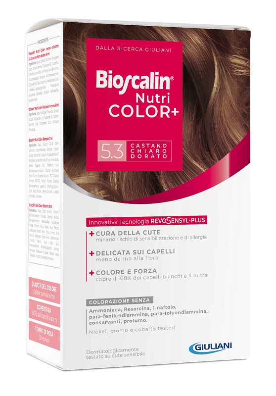 BIOSCALIN NUTRICOLOR PLUS 5,3 CASTANO CHIARO DORATO CREMA COLORANTE 40 ML + RIVELATORE CREMA 60 ML + SHAMPOO 12 ML + TRATTAMENTO FINALE BALSAMO 12 ML - Luckyfarma.it