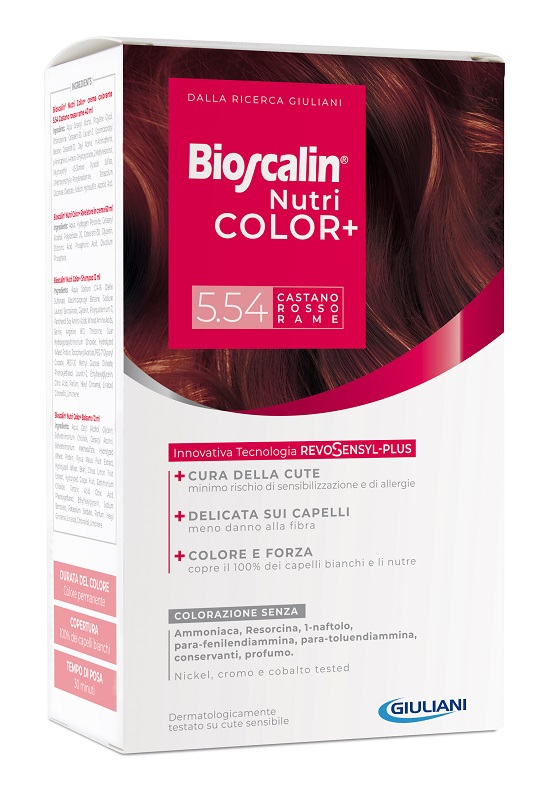 BIOSCALIN NUTRICOLOR PLUS 5,54 CASTANO ROSSO RAME CREMA COLORANTE 40 ML + RIVELATORE CREMA 60 ML + SHAMPOO 12 ML + TRATTAMENTO FINALE BALSAMO 12 ML - Luckyfarma.it