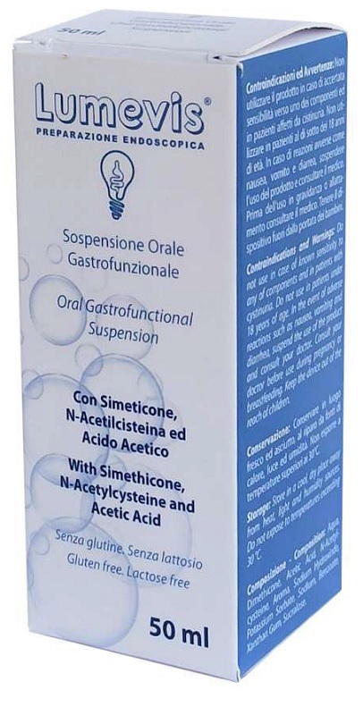 LUMEVIS SOSPENSIONE ORALE MONOUSO A BASE DI SIMETICONE N-ACETILCISTEINA E ACIDO ACETICO DA UTILIZZARE IN PREPARAZIONE DI ESAMI CLINICI AMBITO GASTROSCOPICO 50 ML - Luckyfarma.it