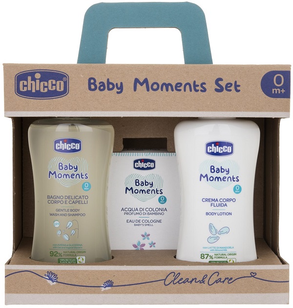 CHICCO BABY MOMENTS SET BAGNO DELICATO CORPO-CAPELLI PELLI DELICATE 200 ML + CREMA CORPO PELLI DELICATE 200 ML + ACQUA DI COLONIA BABY SMELL PELLI DELICATE 100 ML - Luckyfarma.it