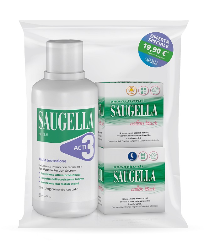 SAUGELLA ACTI3 DETERGENTE INTIMO + 2 SCATOLE ASSORBENTI GIORNO E NOTTE - Luckyfarma.it