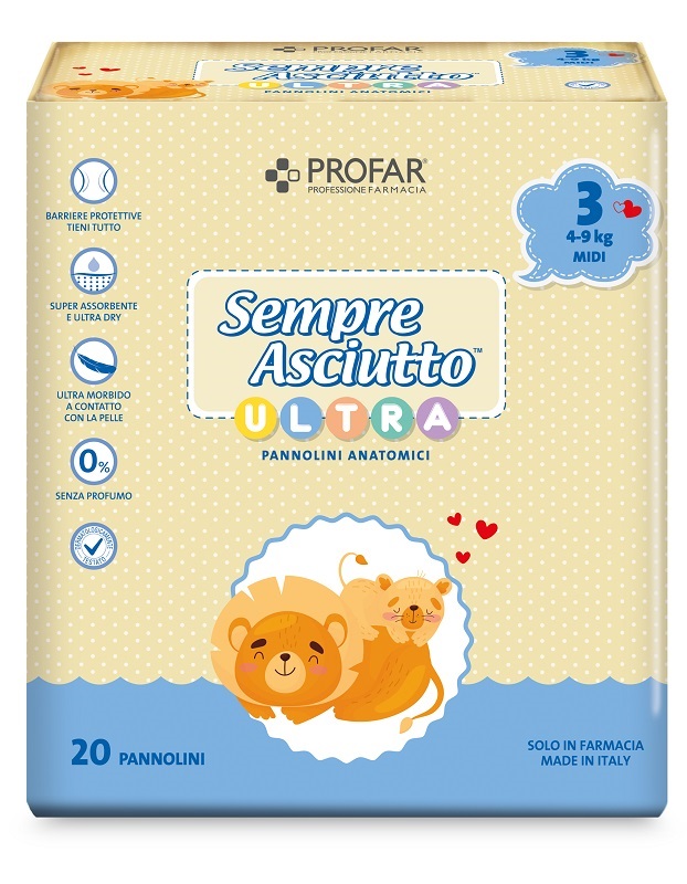 PANNOLINI PROFAR SEMPRE ASCIUTTO ULTRA MIDI 4/9 KG 20 PEZZI - Luckyfarma.it