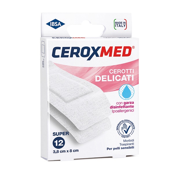 CEROTTI DELICATI CEROXMED CON GARZA DISINFETTANTE IPOALLERGENICI PER PELLI SENSIBILI SUPER 3,8X8CM 12 PEZZI - Luckyfarma.it